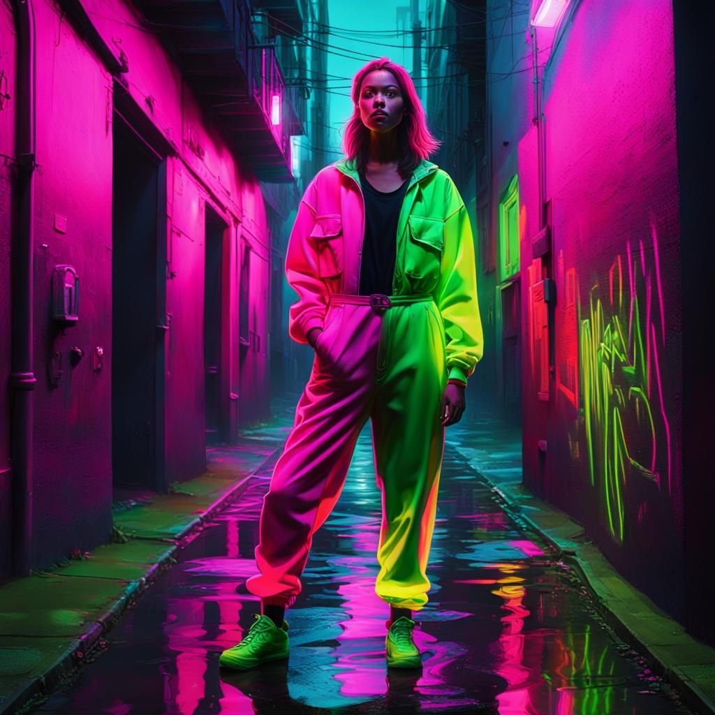 Woman in Fluorescent Street Art, Pixar Style