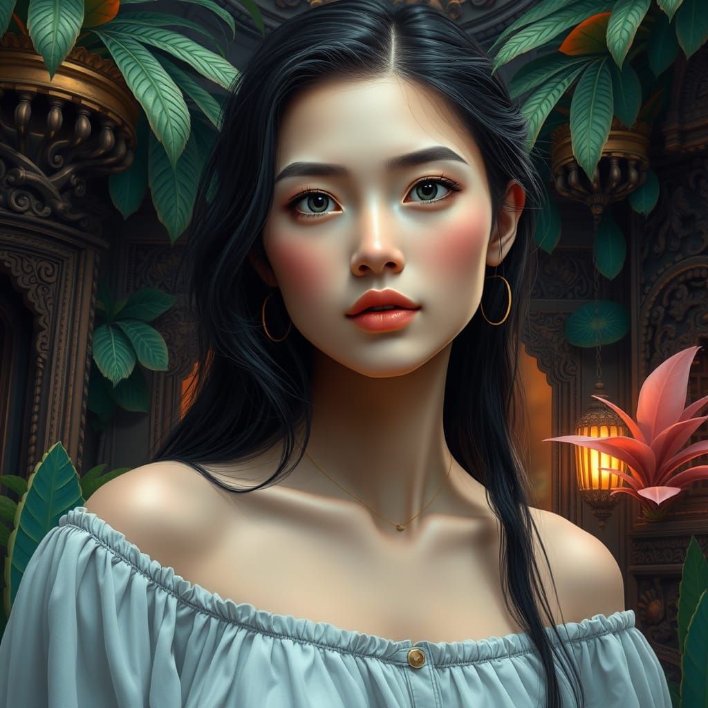 A hyper realistic young woman with dark hair and a soft expression stands in an ornate, tropical setting filled with lus...