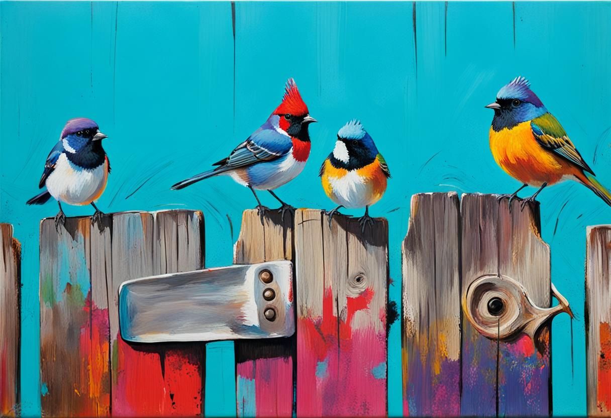 Birds on Rustic Fence in Vibrant Acrylic Style