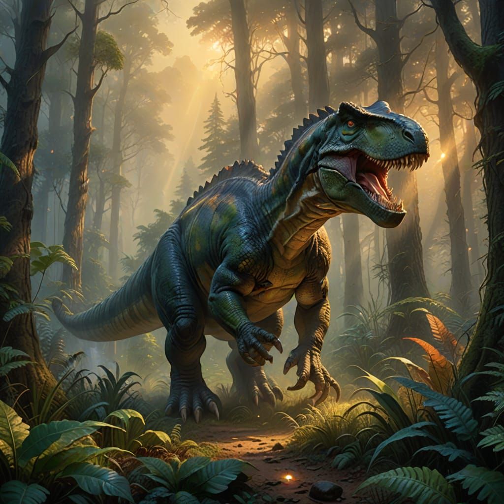 Hunter and Dinosaur in Misty Forest, Hyperrealistic