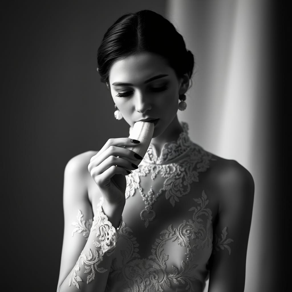 Elegant Woman Eating Banana in Classic Photography Style