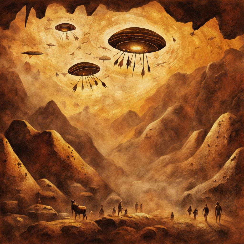 Prehistoric Cave Paintings of UFOs in Earthy Tones