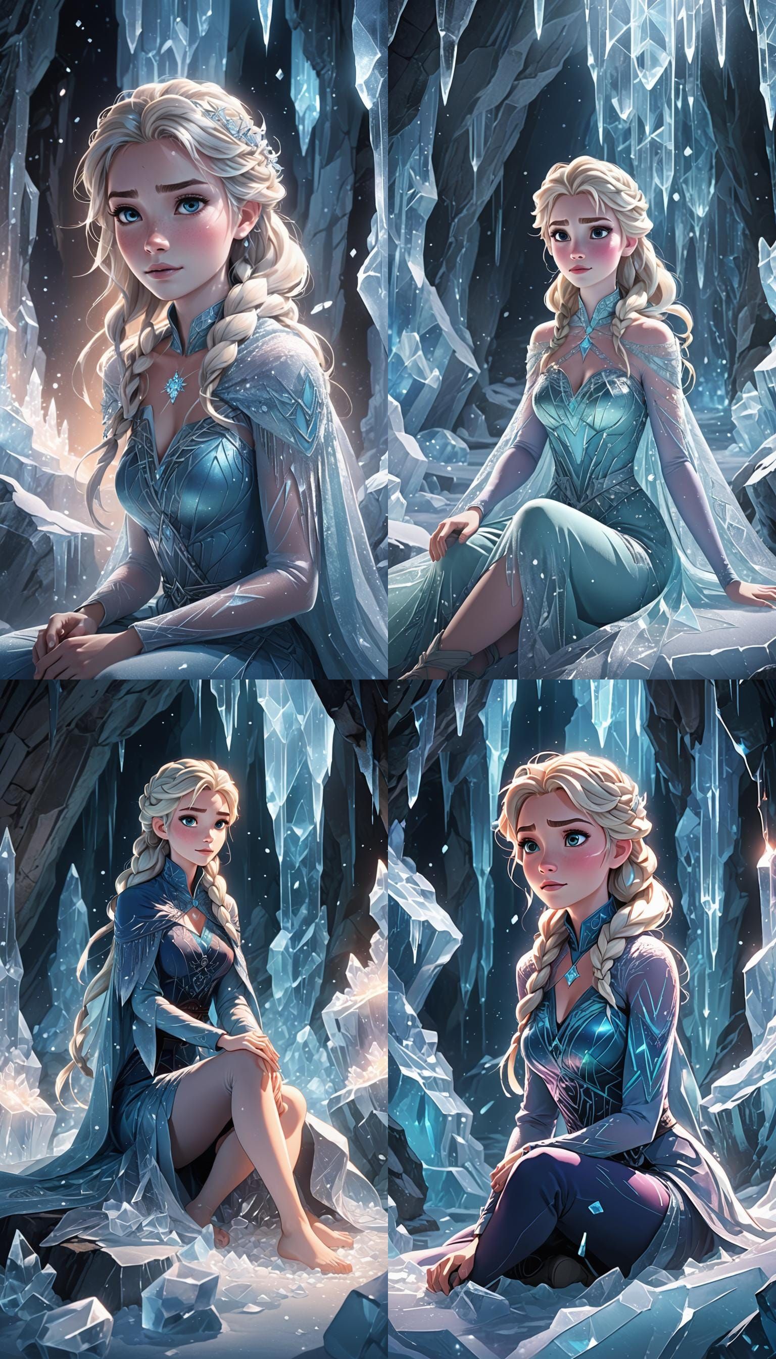 Elsa Meditates in Ice Cave: Cel-Shaded Anime Art