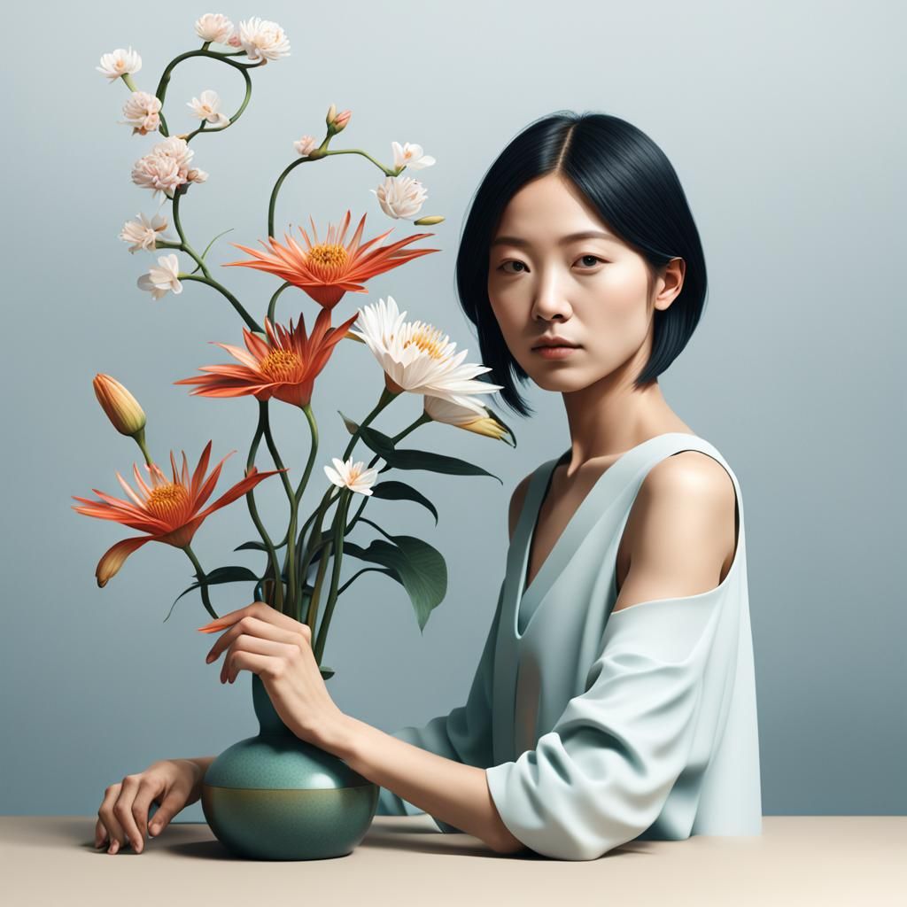 Hyper-Realistic 3D Ikebana Woman Desktop Wallpaper