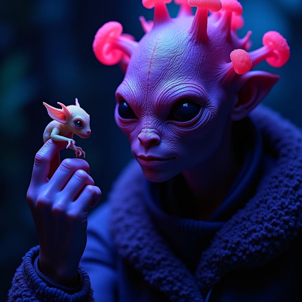 Bioluminescent Alien Jungle with Extraterrestrial Anthropoid