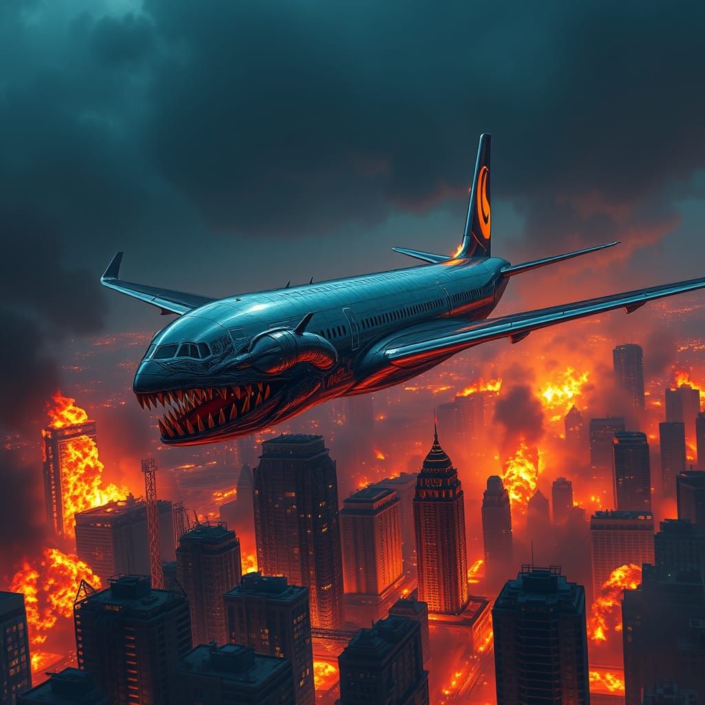 Cyberpunk Beast Soars Over Burning Apocalypse