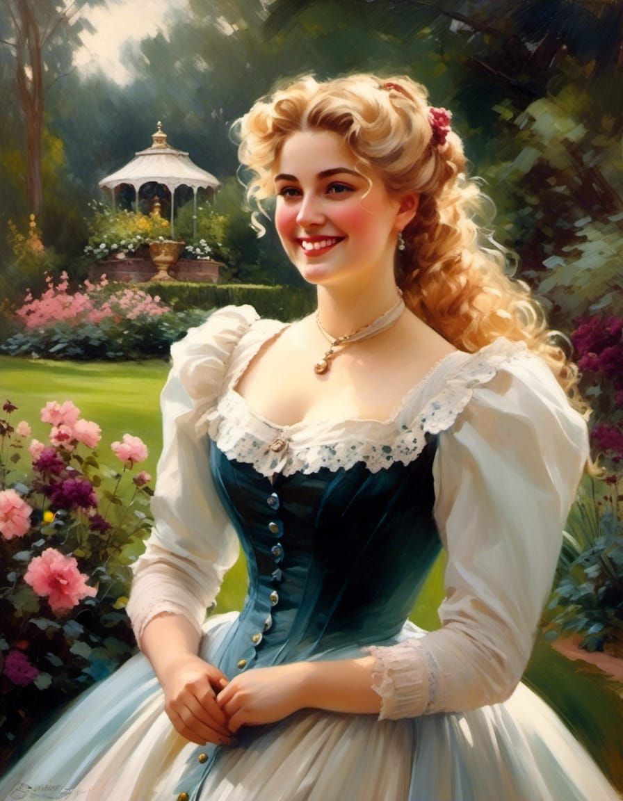 Elegant Victorian Lady Enchants a Mystical Garden