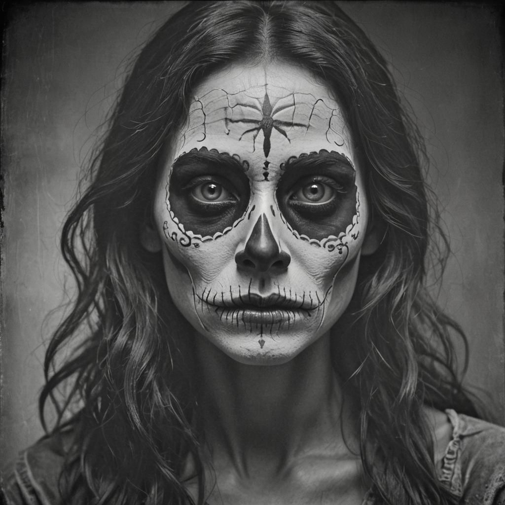 Catrina Portrait with Blue Hair in Art Nouveau Style