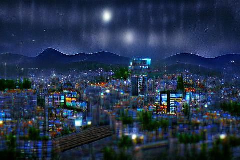Night Cityscape with Rainy Forest Hills