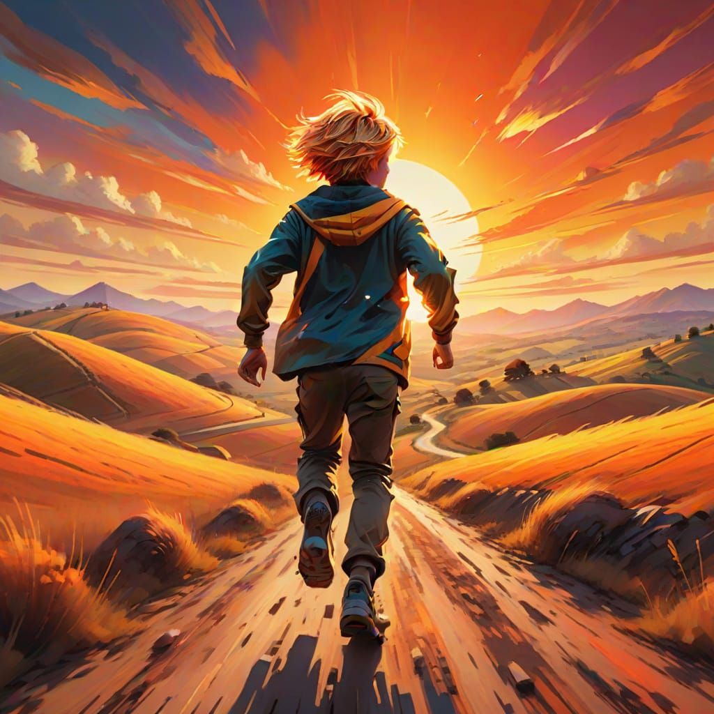 Golden Haired Boy Runs Towards Horizon in Oil Painting