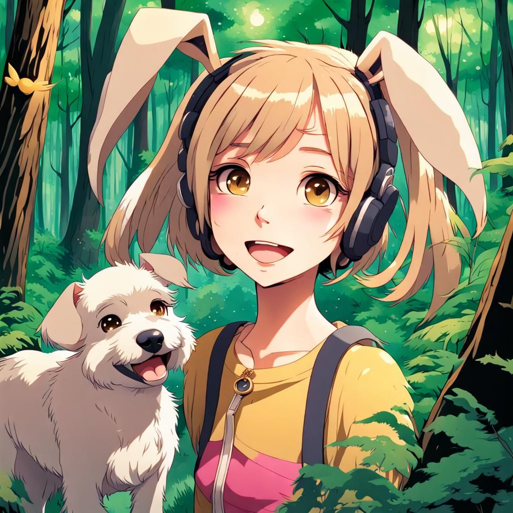 Anime Girl with Dog Ears in Lush Forest