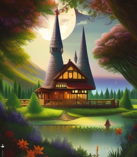 Cosmic Castle on Lake in Hyperrealistic Watercolour