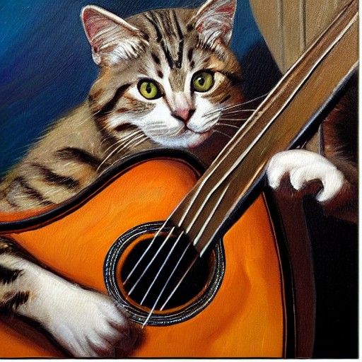 Cat Plays Guitar: Oil Painting in Fantasy Style