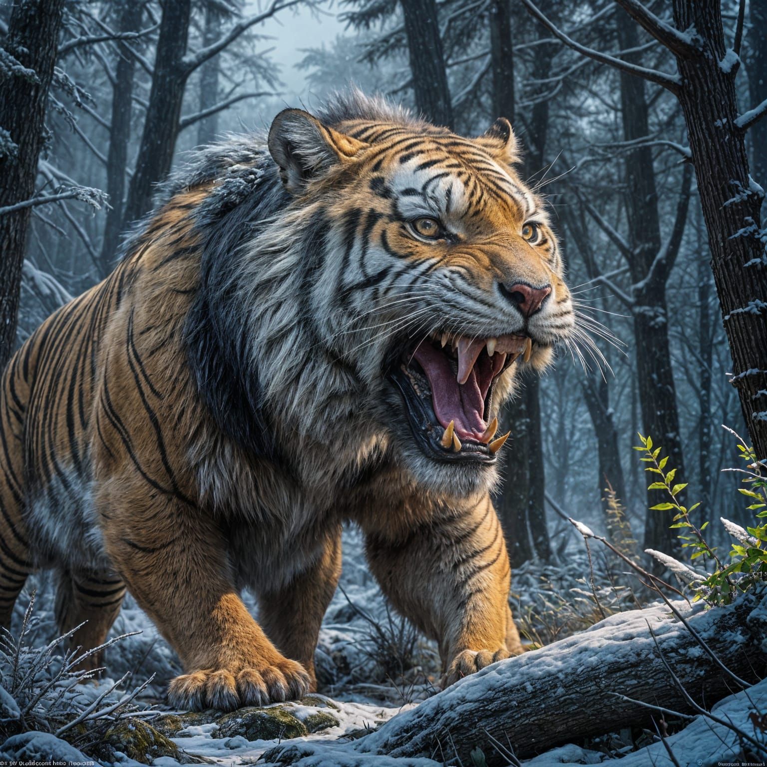 Enraged Saber-Toothed Tiger in Dark Fantasy Landscape