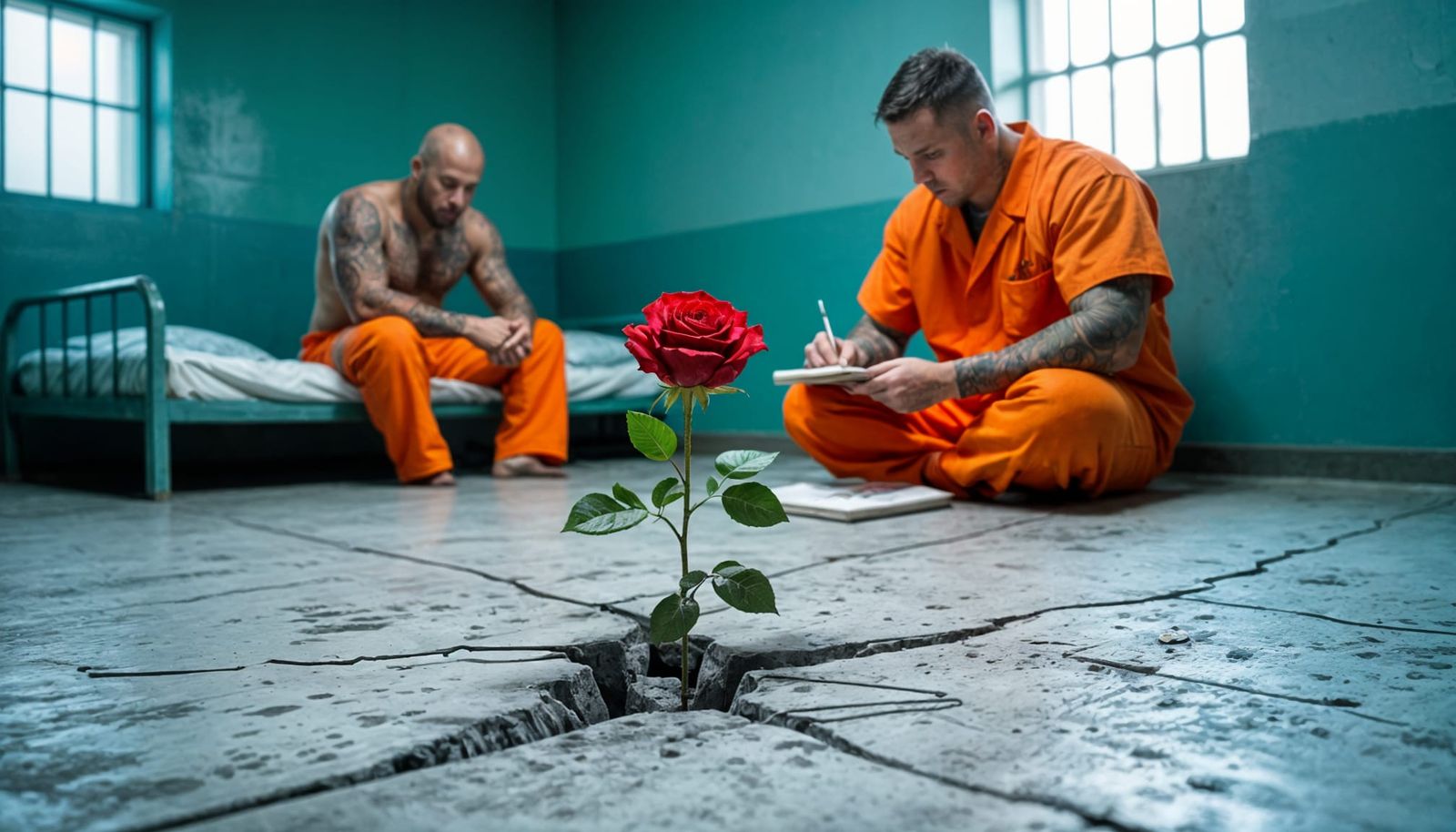 Rose Blooms in Prison Cell: Photorealistic Mid Shot