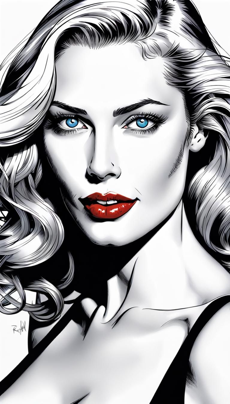 Sin City Style Portrait with Blue Eyes and Red Lips