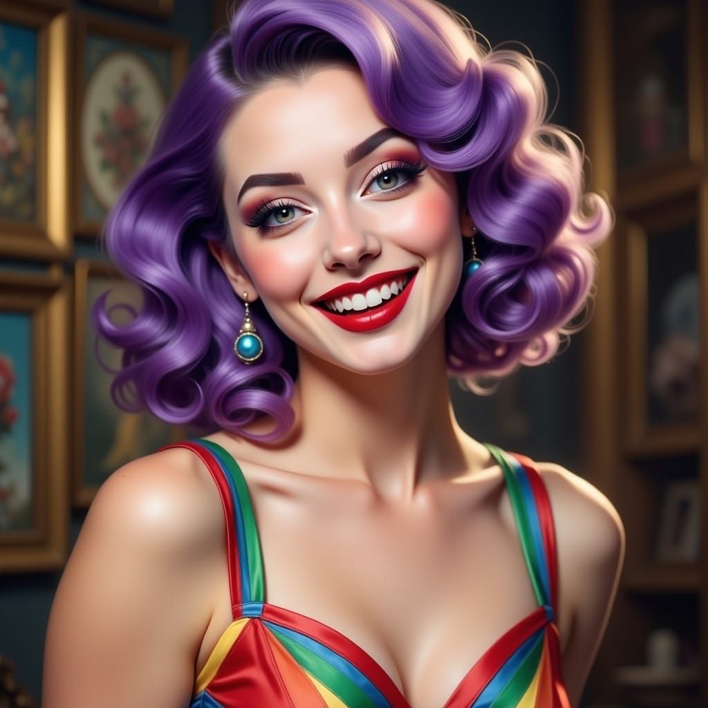 Beautiful Purple-Haired Woman in Rainbow Dress