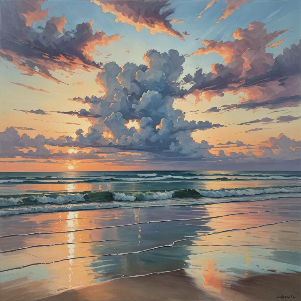 Pastel Sunset Beach in Guache Painting Style
