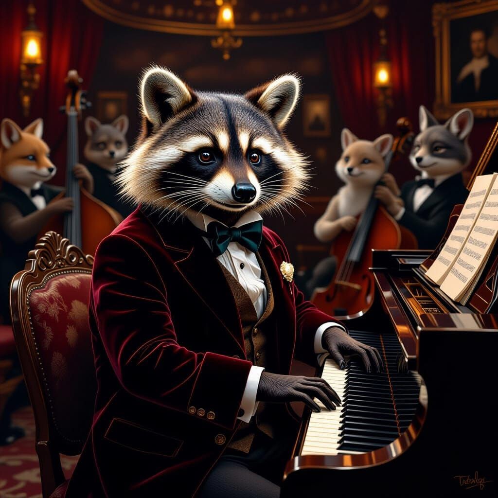 Raccoon Jazz Pianist in Hyperrealistic Style
