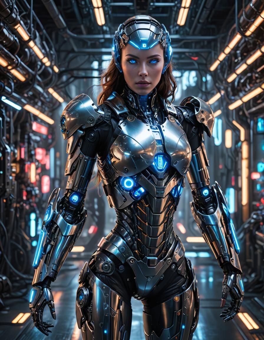 Cyborg Woman with Metallic Armor in Dystopian Sci-Fi