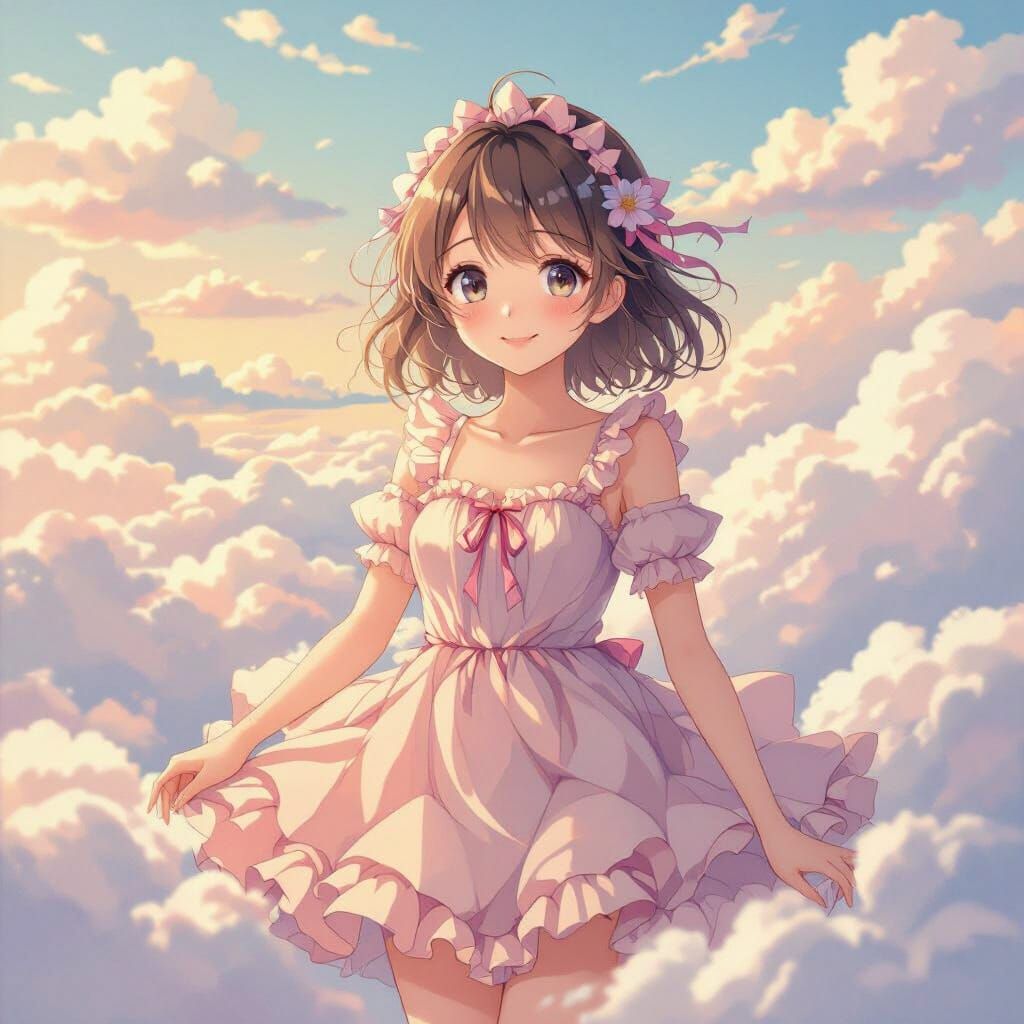 Cute Anime Girl in Frilly Dress Amidst Fluffy Clouds