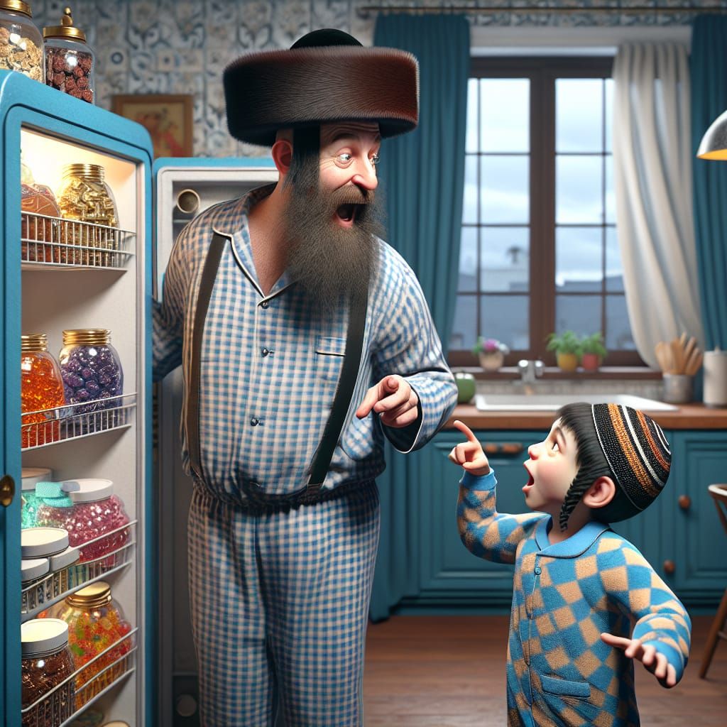 Hasidic Father and Son Stealing Sweets, Detailed Matte Paint...