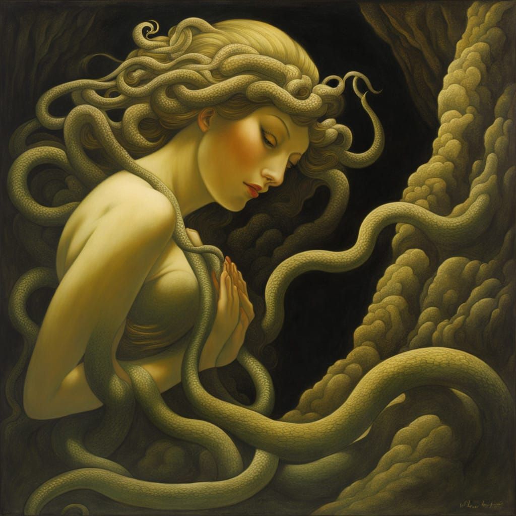 Sultry Medusa Enchants Butterflies in Moonlit Grotto