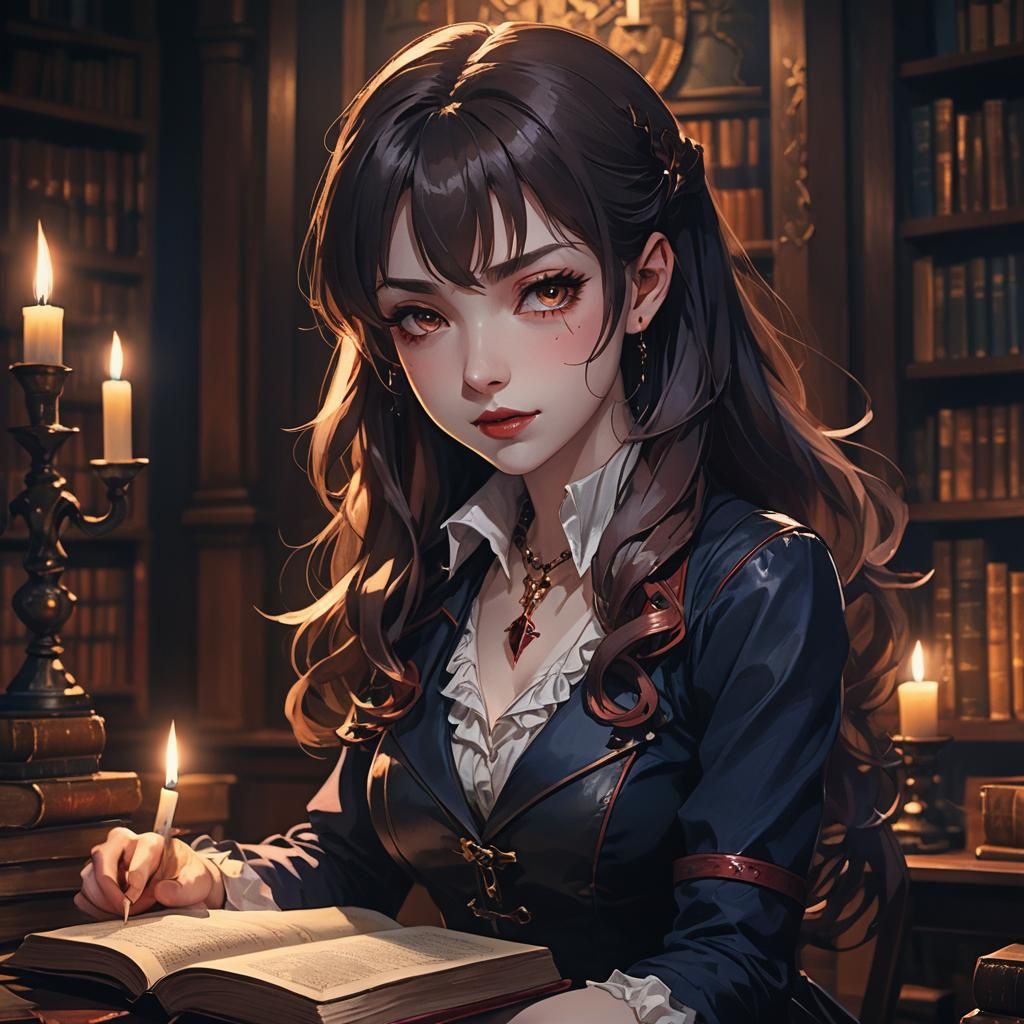 Anime Vampire Tutor in Elegant Study