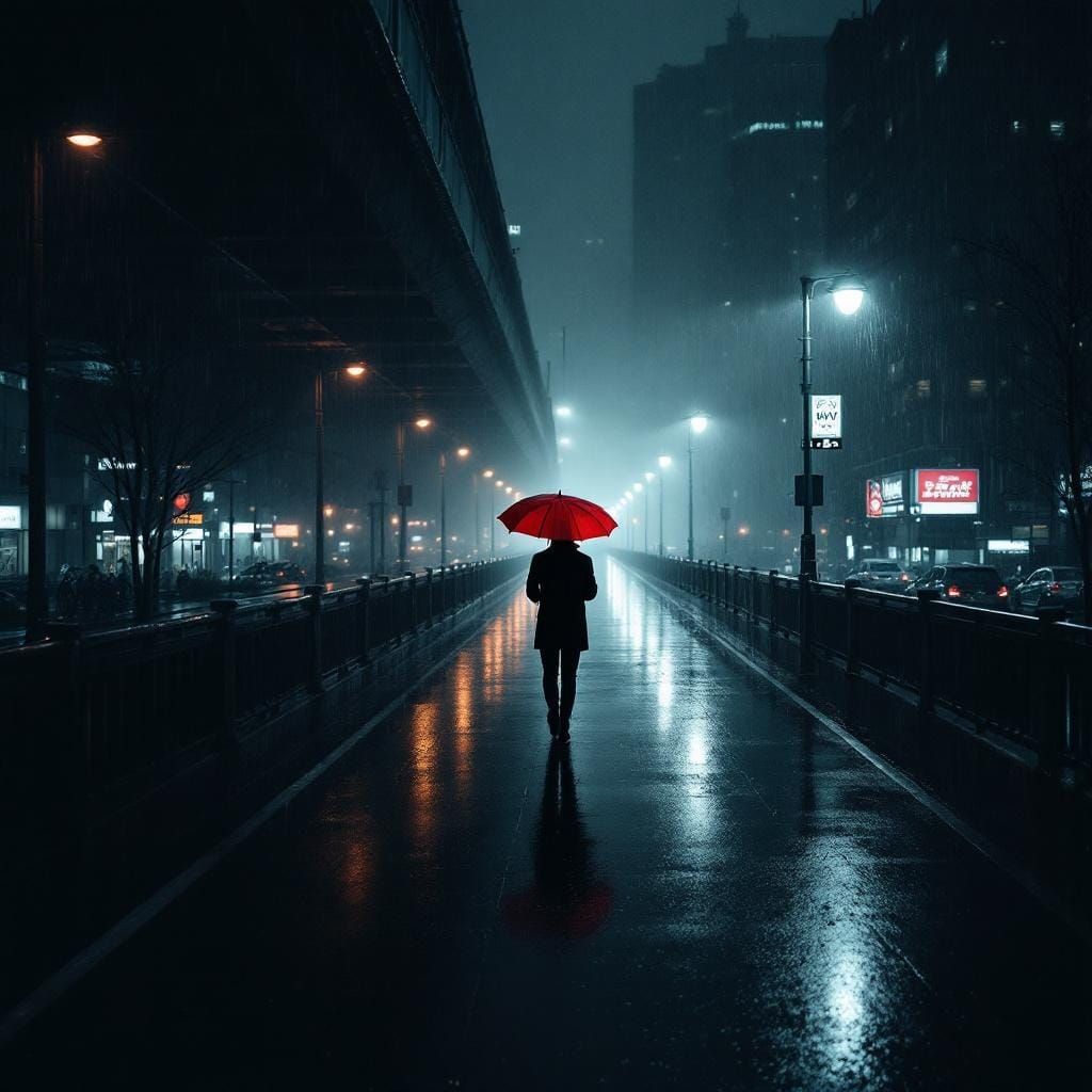 Noir Night: Figure with Red Umbrella on Overpass