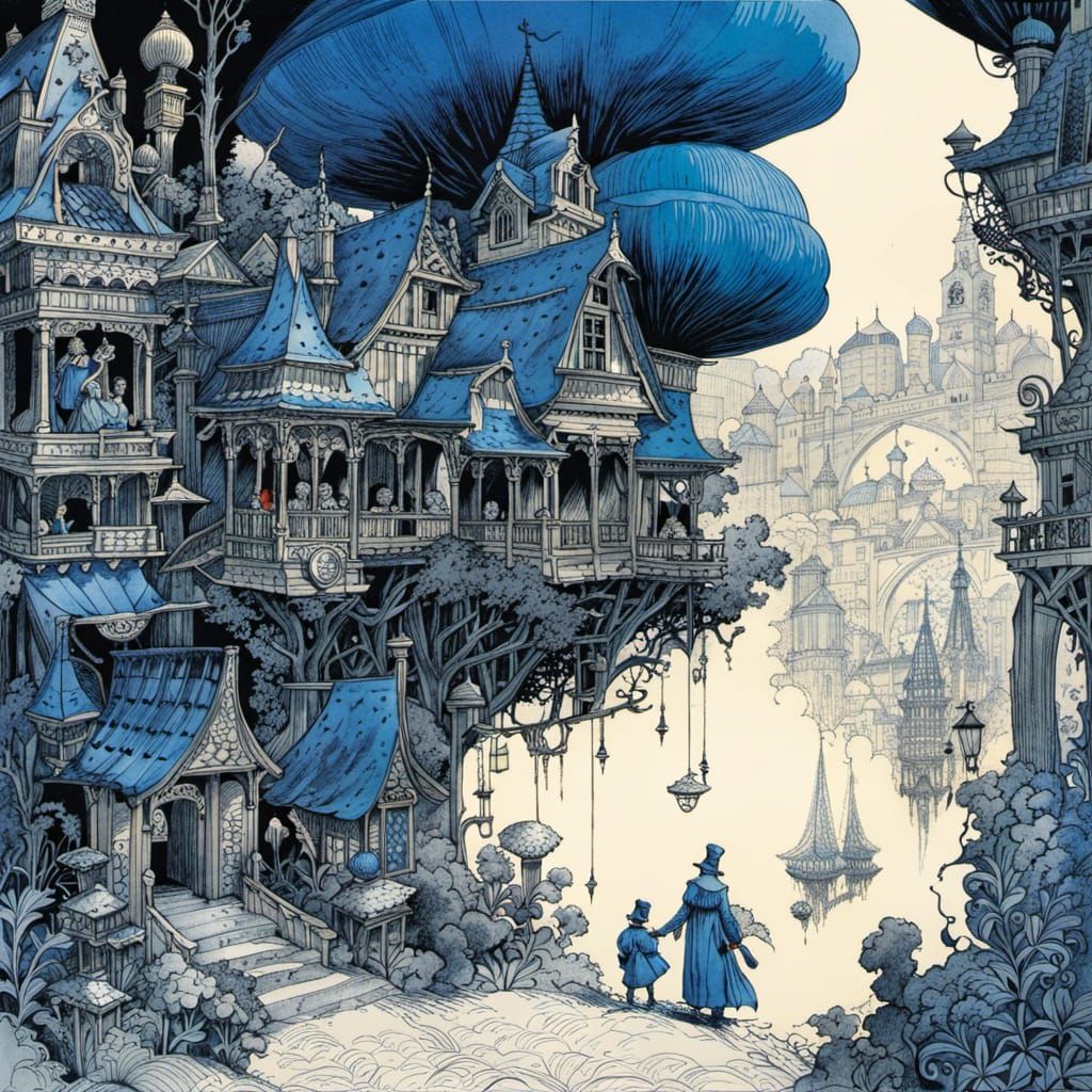 Art Nouveau Town in Blue Ink