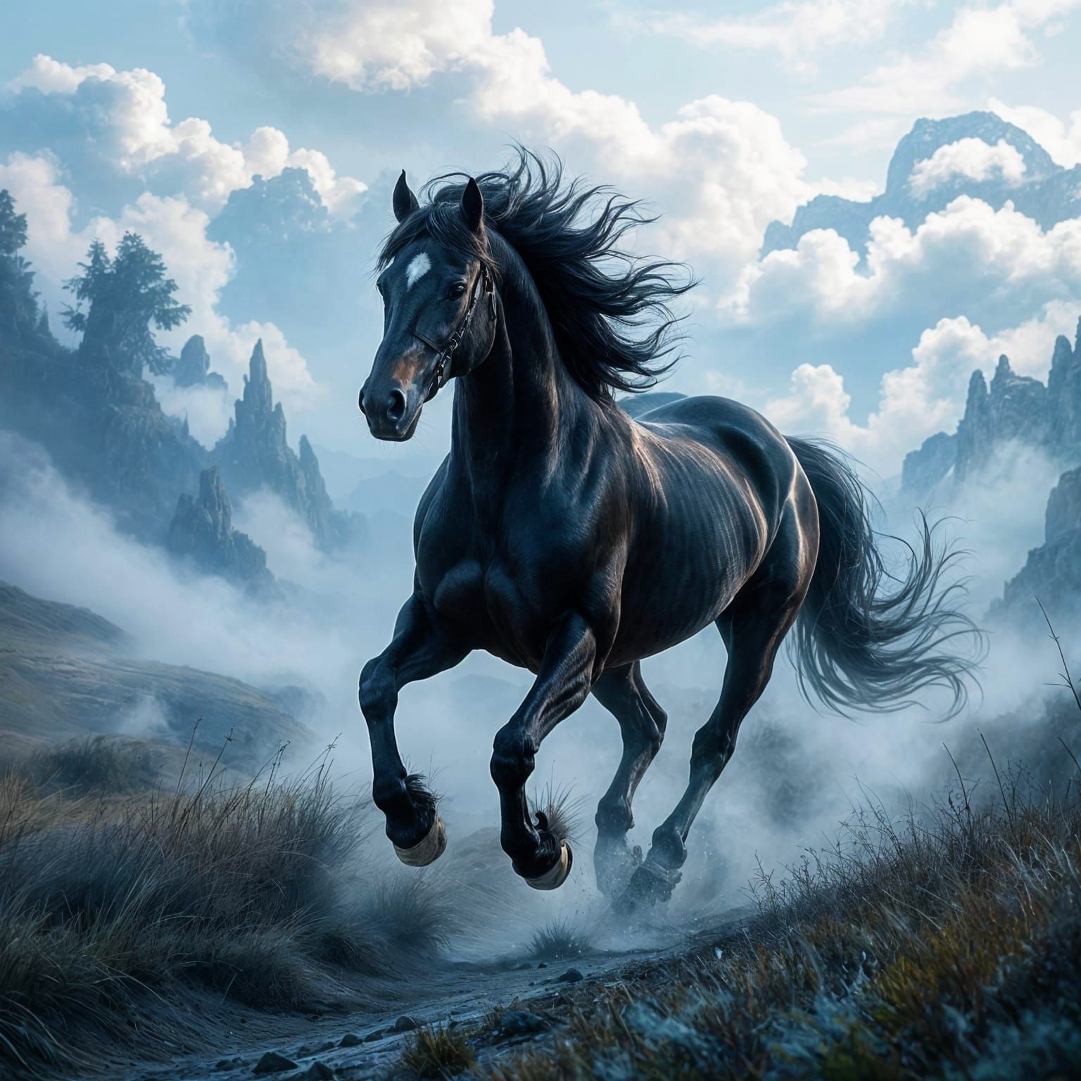 Majestic Black Horse Galloping Through Dreamscape