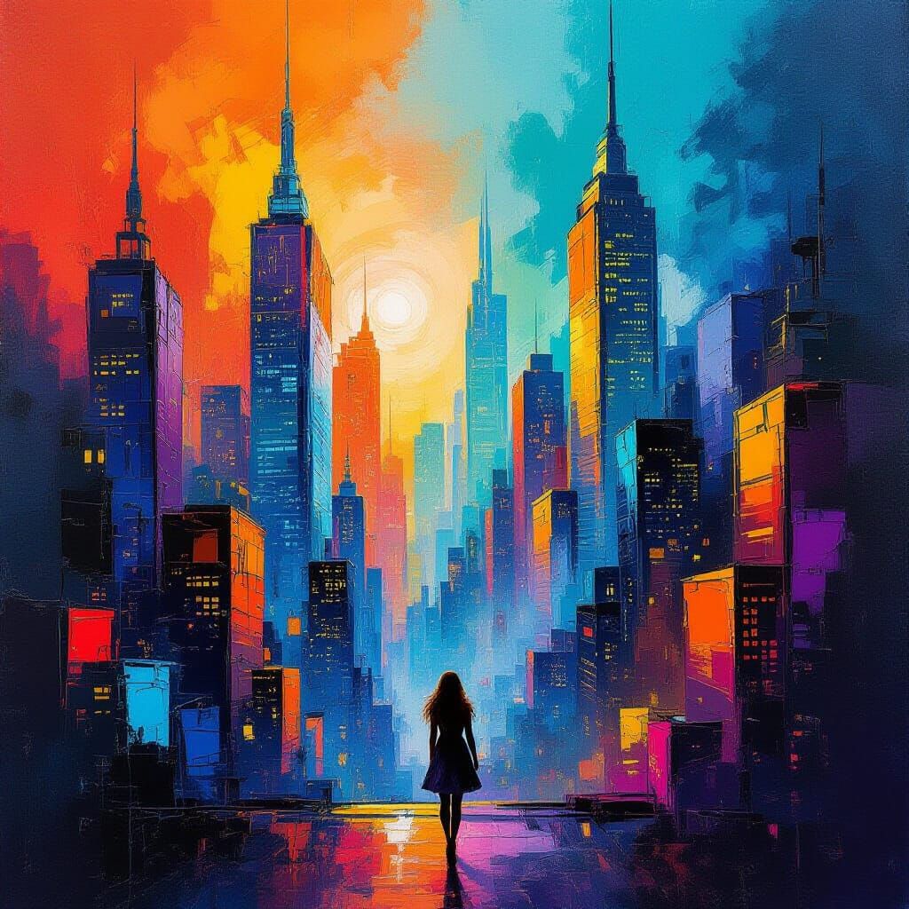 Abstract Expressionist Cityscape with Gravity-Defying Archit...