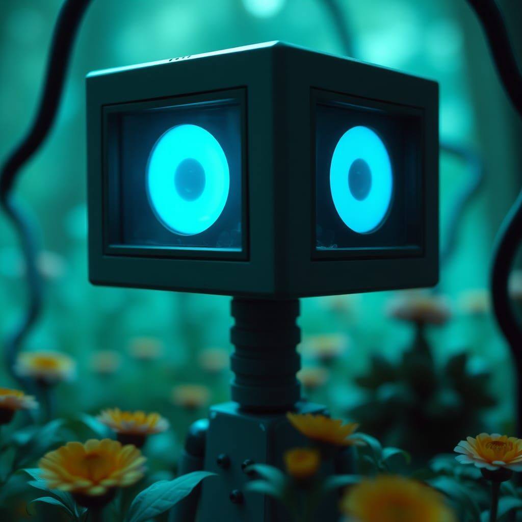 Cube Head Character in Retro-Futuristic Pixel Garden