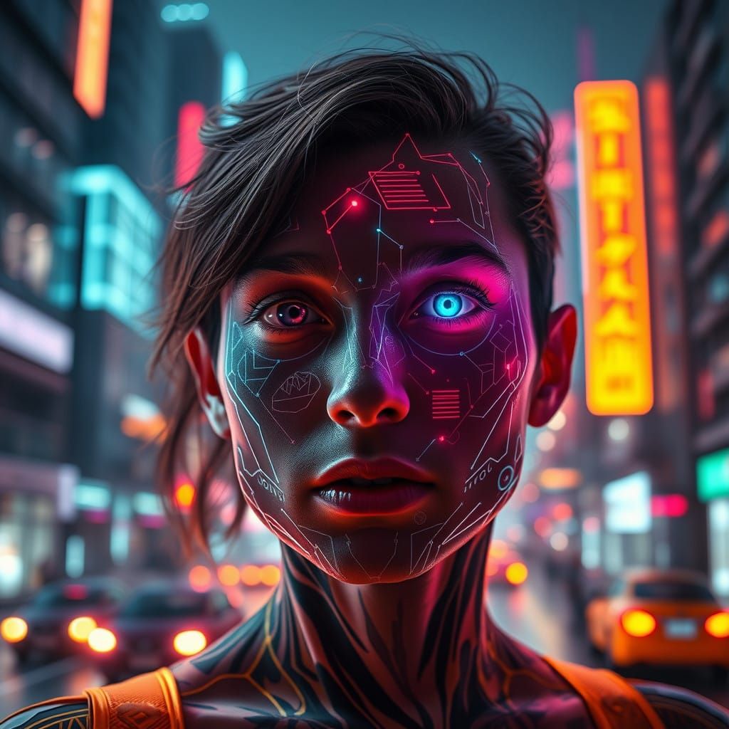 Cyborg Woman in Neon Cityscape