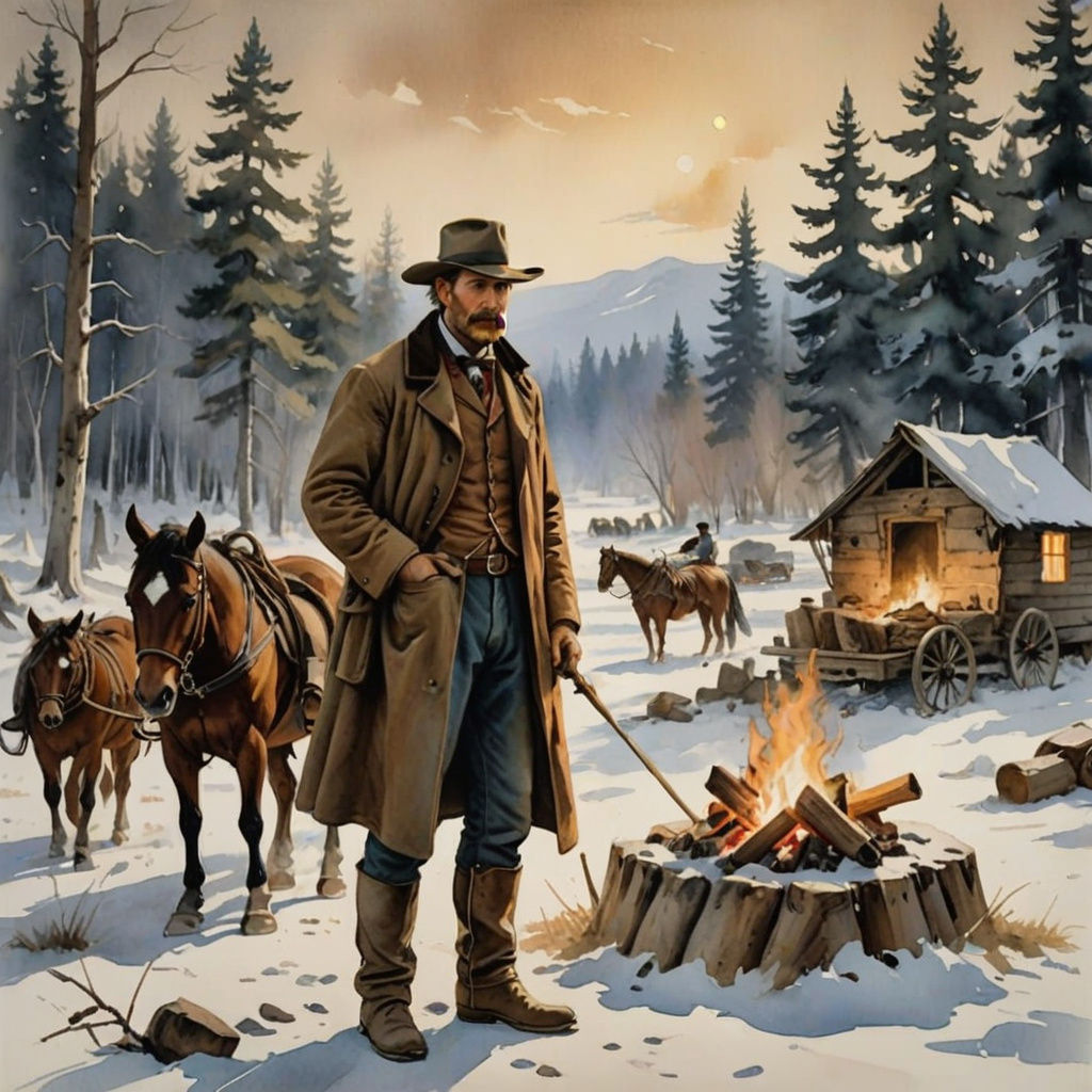 1800s Winter Campsite with Cowboy, Watercolor