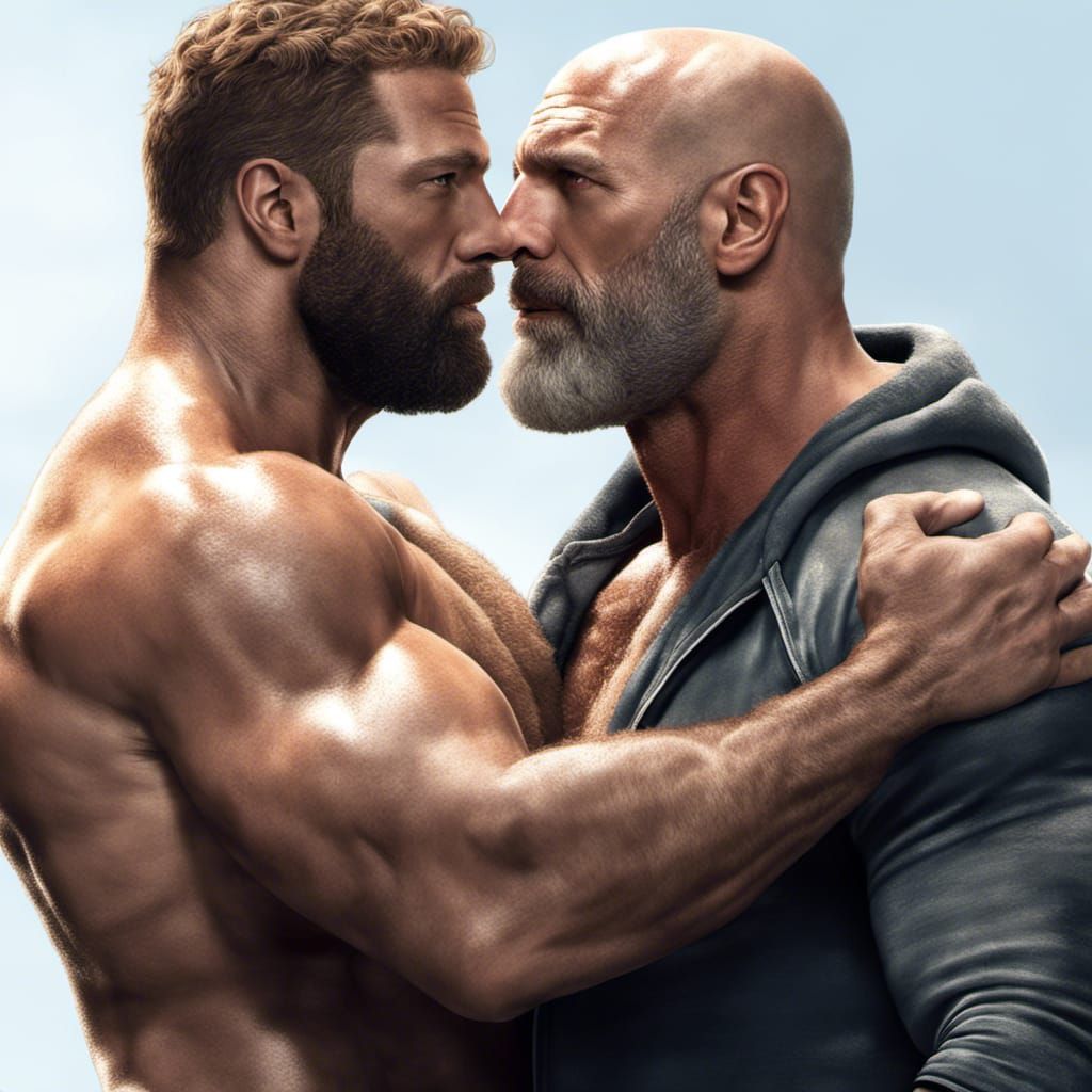 Hyperrealistic Muscle Men Embrace: Detailed Concept Art