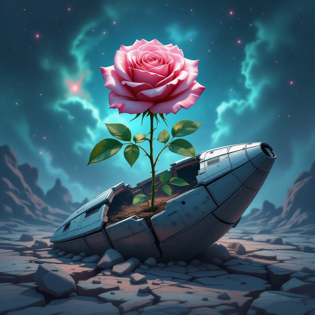 Rosebush Blooms on Derelict Spaceship in Nebula