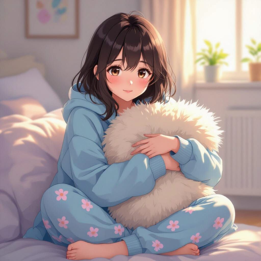 Anime Girl in Bedroom with Soft Lighting