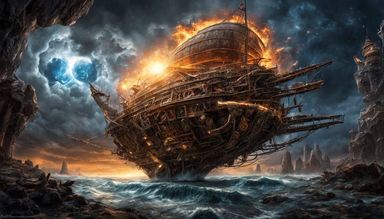 Burning Sailing Ship on Starry Ocean, Fantasy Matte Painting