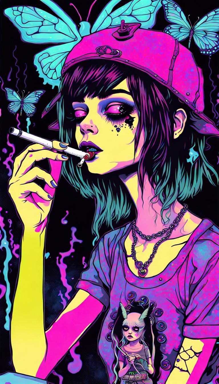 Grunge Fairy Smoking: A Psychedelic Digital Artwork