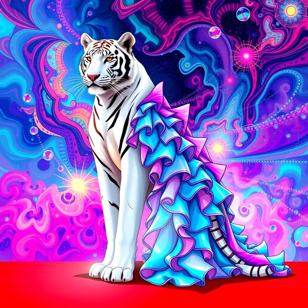 Elegant White Tiger Struts the Red Carpet in Cosmic Gown