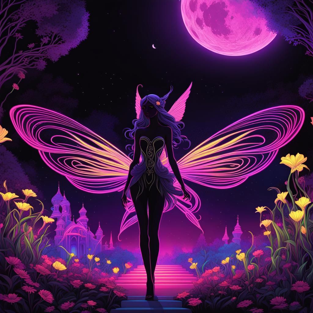 Neon Fairy in a UV Garden, Digital Painting