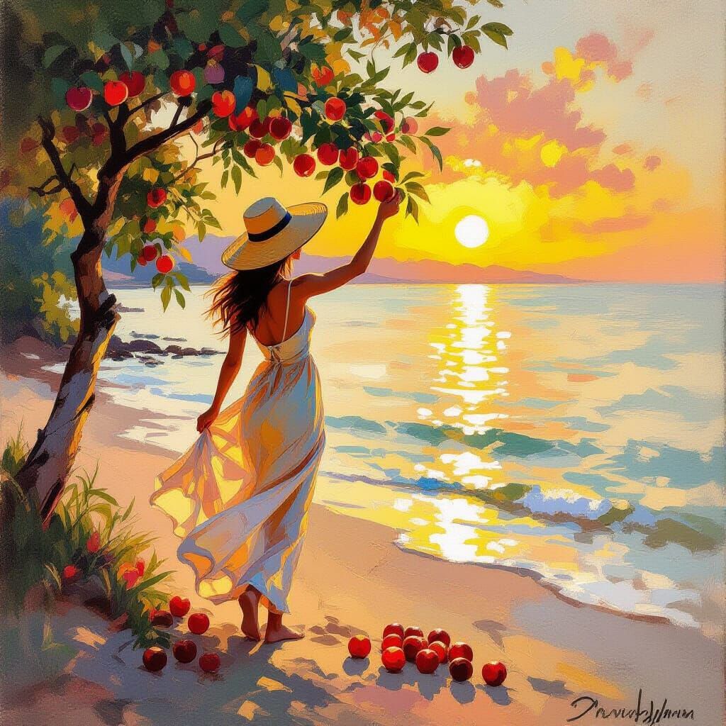 Woman Picking Fruit at Sunset in Impressionistic Style