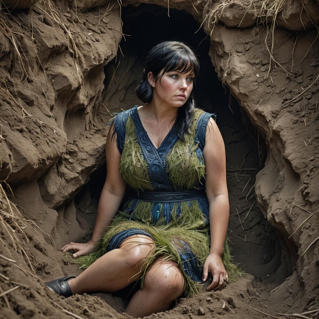 Woman in Grass Dress in Cave, Hyperrealistic