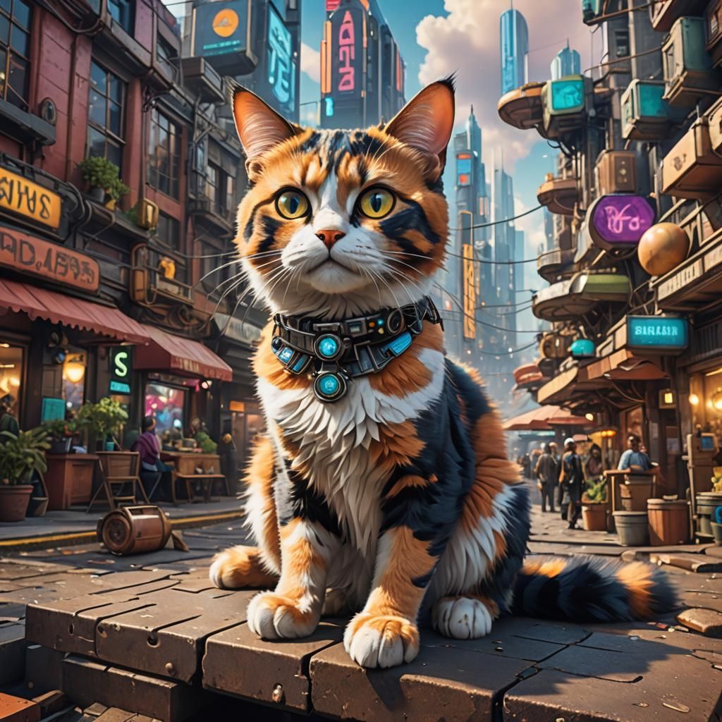 Calico Cat in a Retro-Futuristic Technopunk City