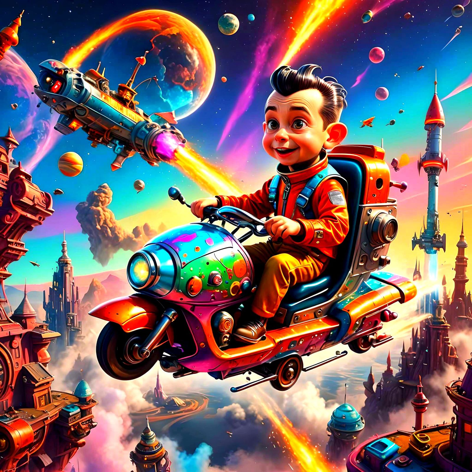 Psychedelic Pee-Wee on Rocket, Detailed Matte Painting