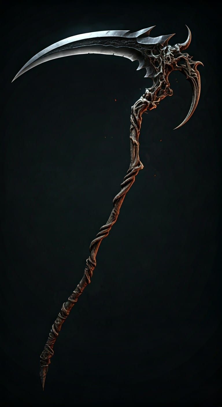 Macabre Harvest Scythe in Darkened Wood