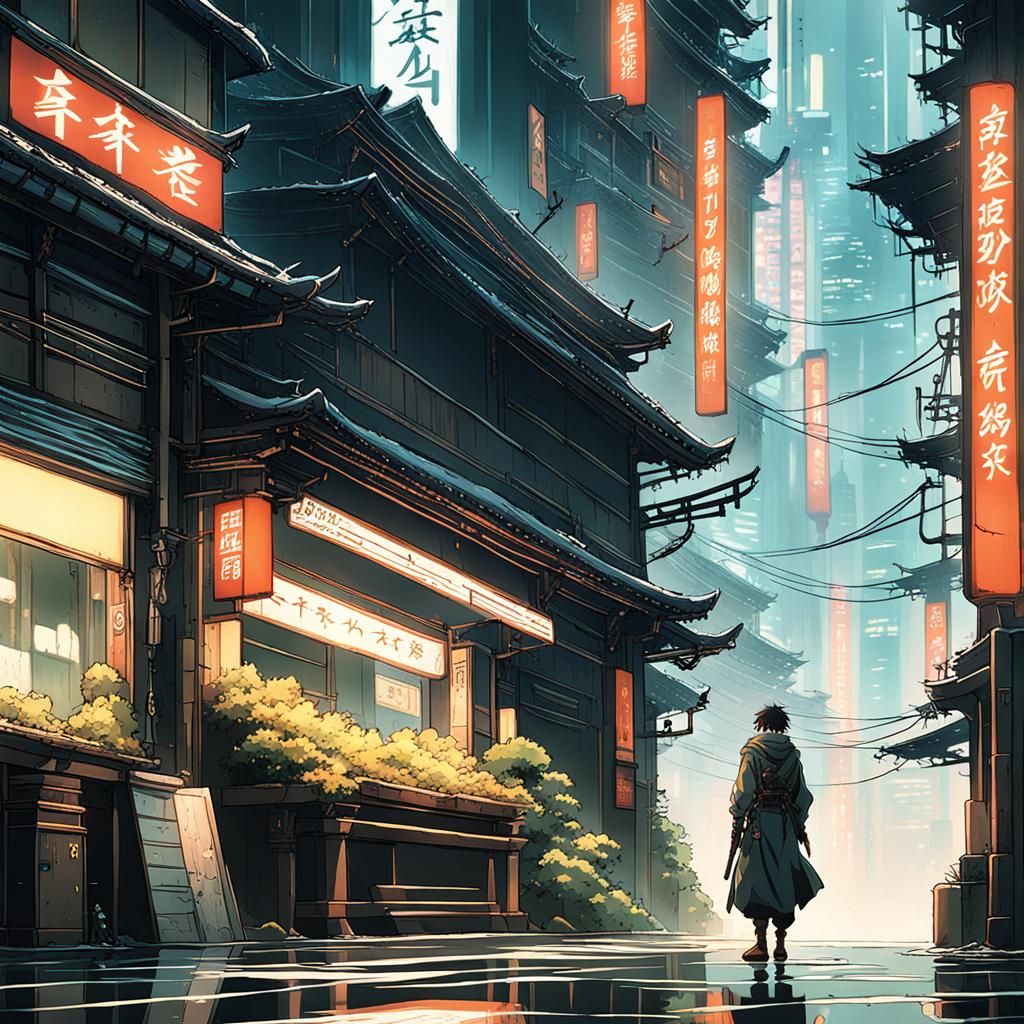 Cyberpunk Ninja Rogue in Studio Ghibli Anime Style