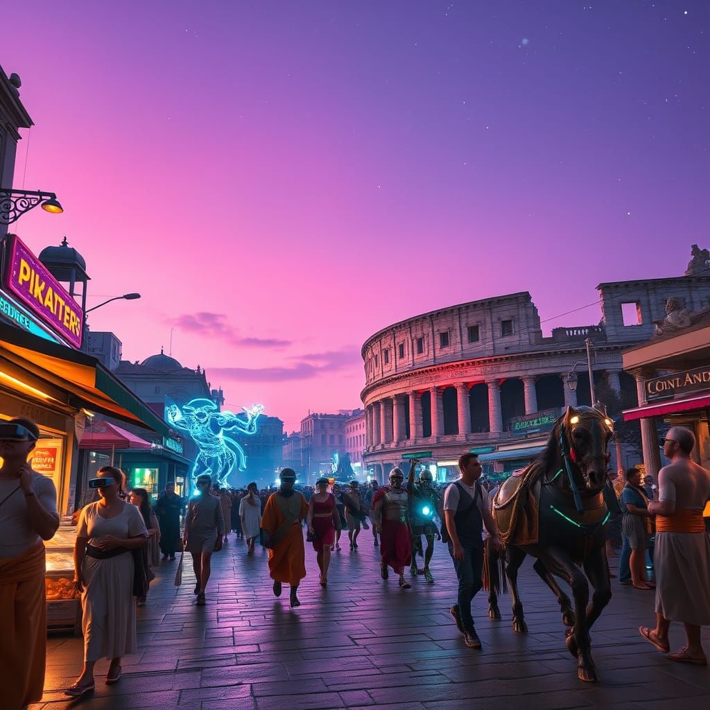 Cyberpunk Rome: Holographic Gladiators in Neon Streets
