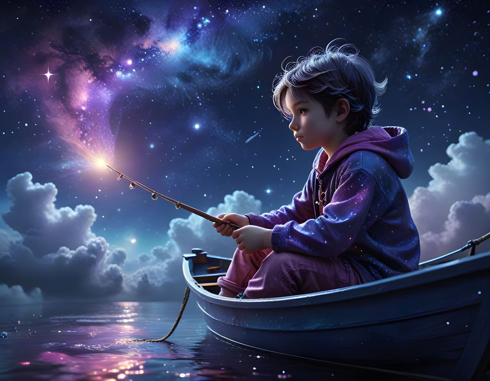 Cosmic Child Fisherman in Starry Sky